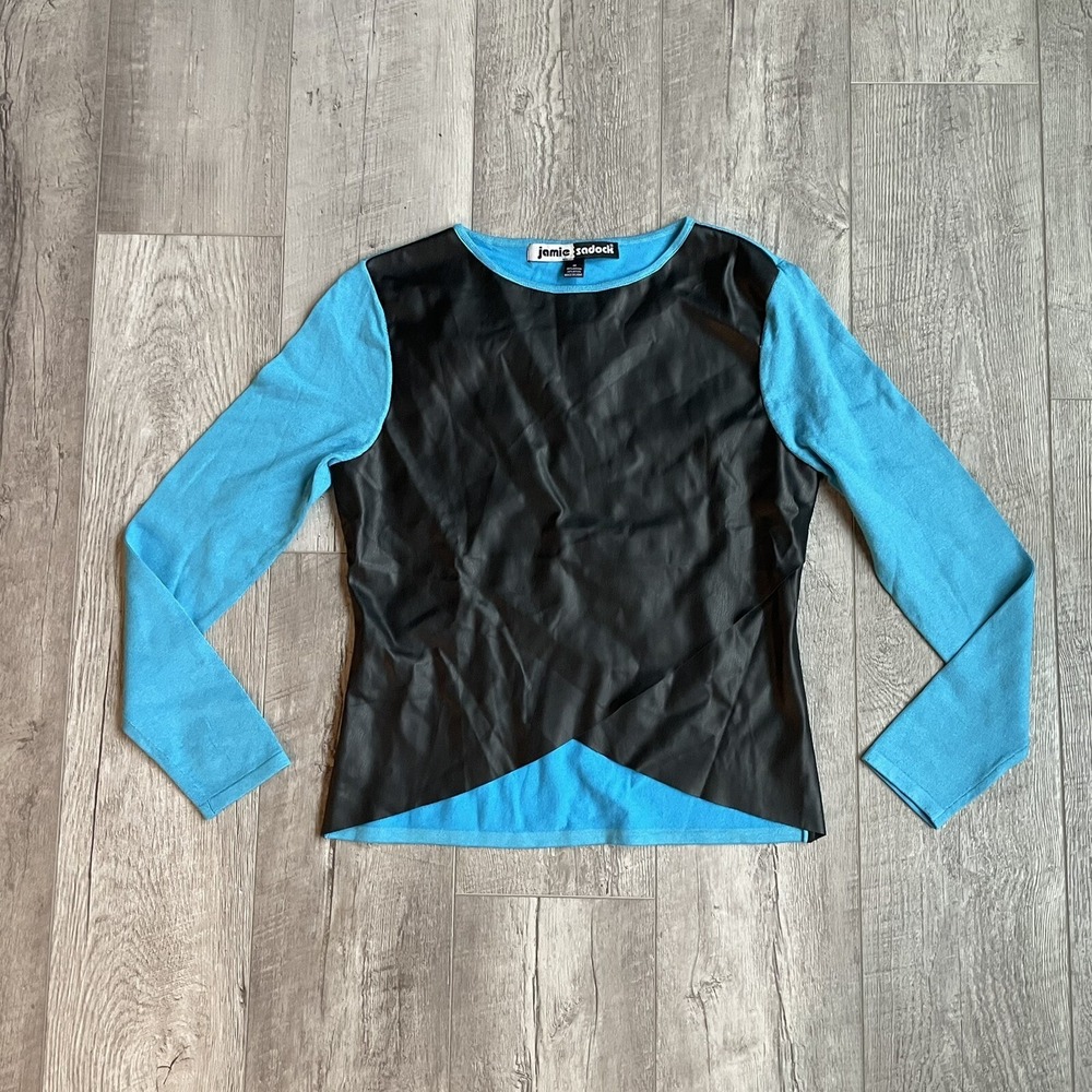 Jamie Sadock  Long Sleeve Golf Top Womens Medium Blue Faux Leather Front NEW